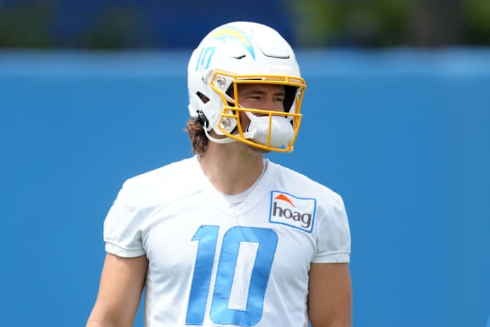 Jun 14, 2022; Costa Mesa, California, USA; Los Angeles Chargers quarterback Justin Herbert (10) during minicamp at the Hoag Performance Center. Mandatory Credit: Kirby Lee-USA TODAY Sports